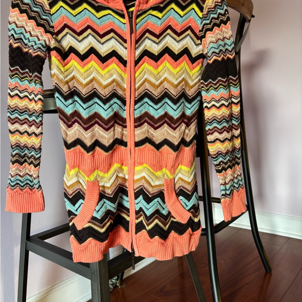 Missoni Multicolor Zigzag Knit Hooded Jacket - Coral, Turquoise, Yellow, Brown